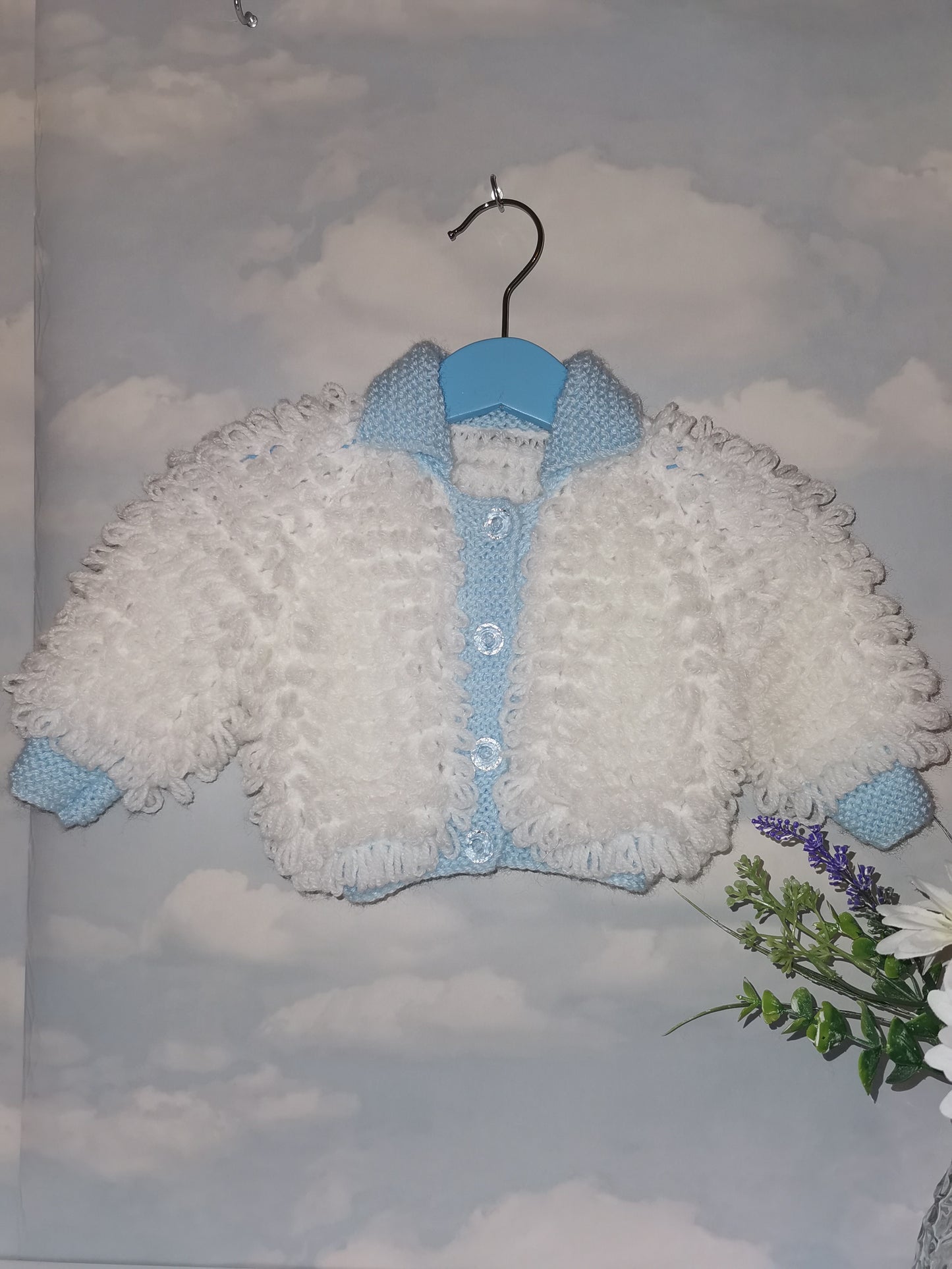 Handmade loopy cardigan - white & blue