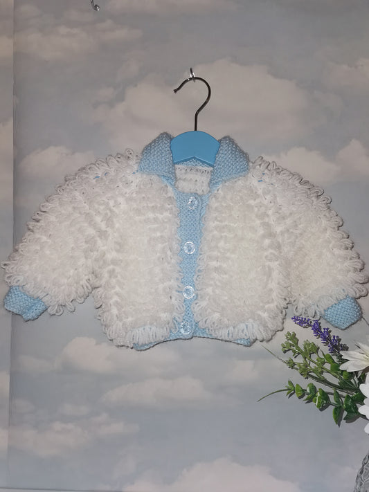Handmade loopy cardigan - white & blue
