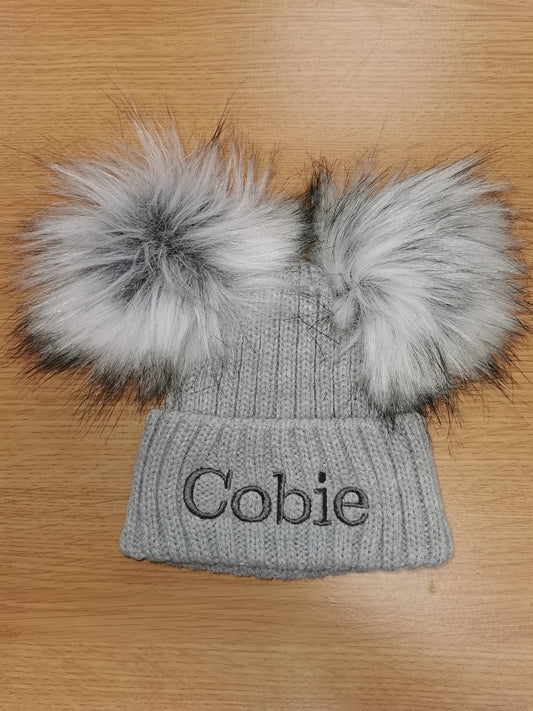 Personalised Luxury grey double pom pom hat