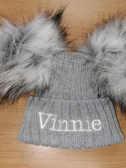 Personalised Luxury grey double pom pom hat