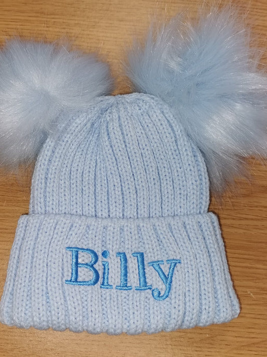 Personalised Luxury baby blue double pom pom hat