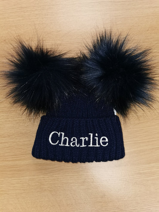 Personalised Luxury navy double pom pom hat