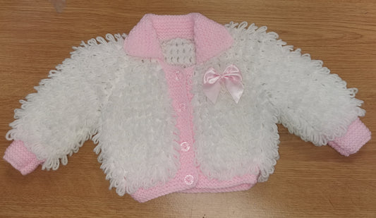 Handmade loopy cardigan - white & baby pink