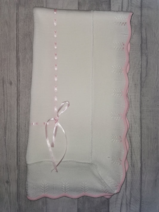 White & baby pink trimmed slotted ribbon shawl
