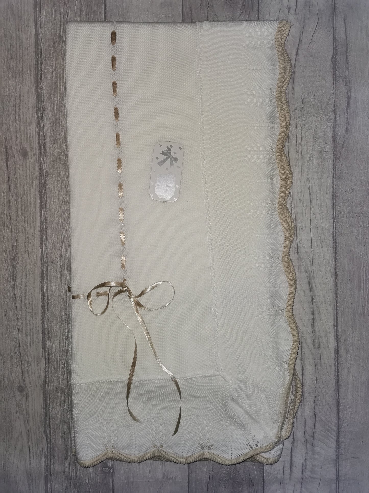 White & Champagne trimmed slotted ribbon shawl