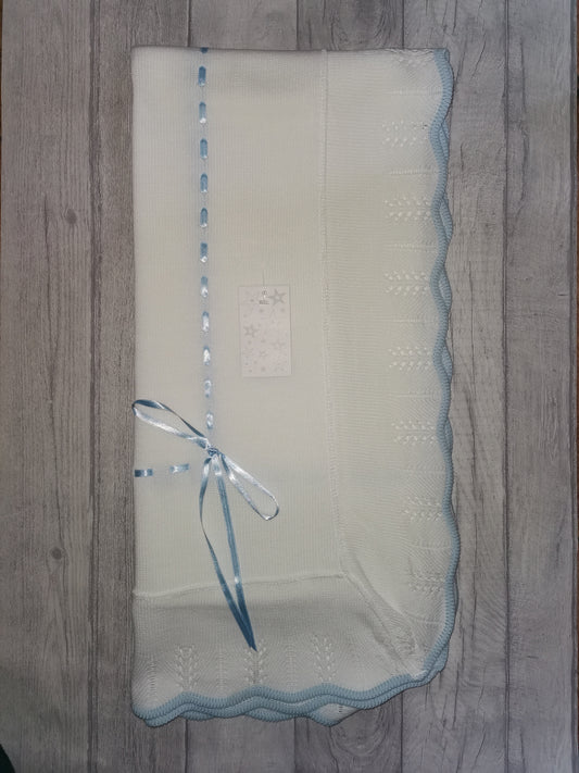 White & baby blue trimmed slotted ribbon shawl