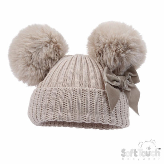 Velvet ribbon Pom Pom Hat- Beige