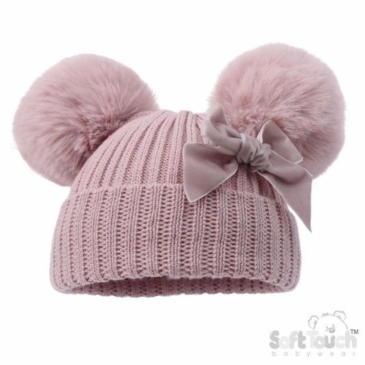 Dusky Pink Velvet ribbon Pom Pom Hat