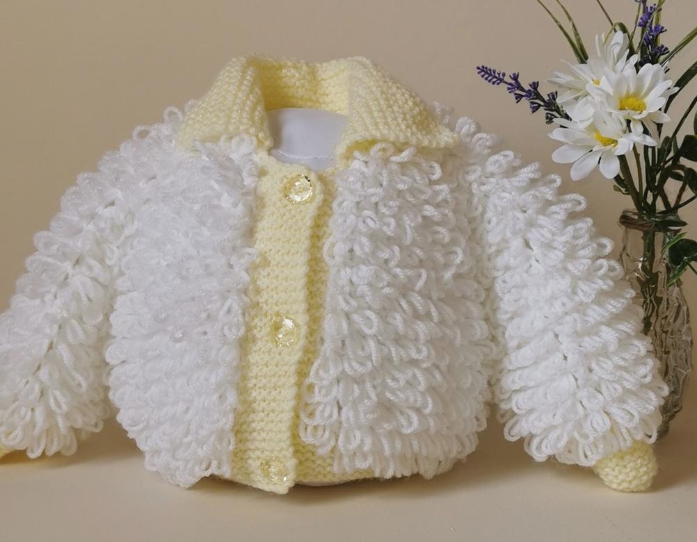 Handmade loopy cardigan - white & lemon
