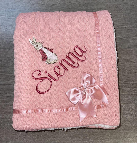 Personalised Rose cable knit bow blanket - Flopsy Rabbit