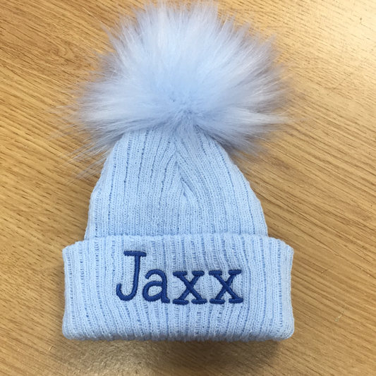 Personalised blue pom pom hat