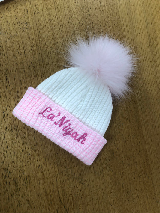 White & pink stripe newborn Pom Pom hat