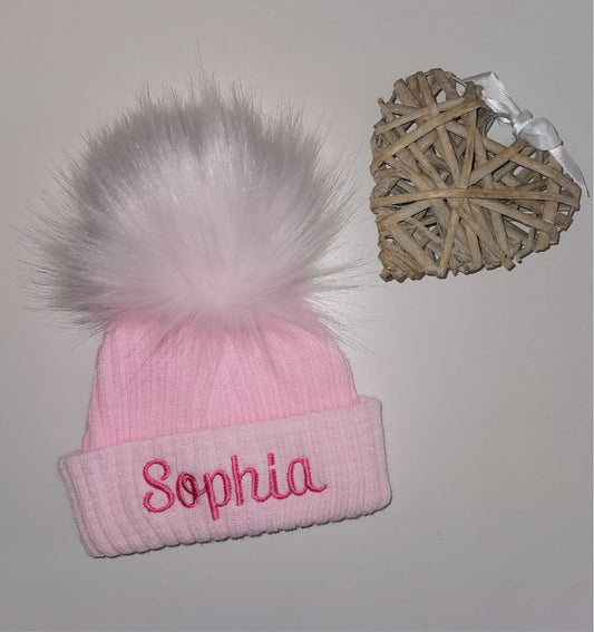Personalised Pink stripe newborn Pom Pom hat