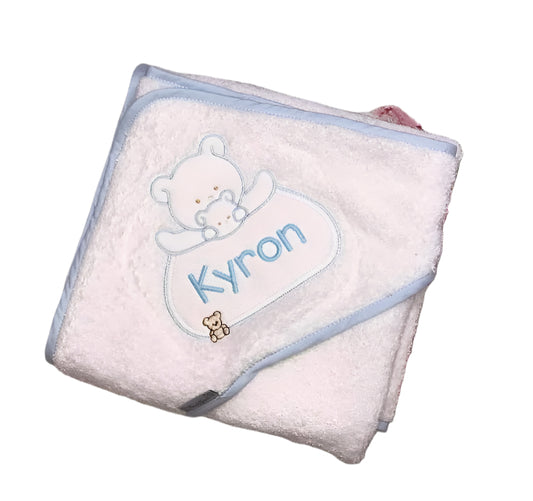 Personalised hooded Teddy bear towel - white & Blue