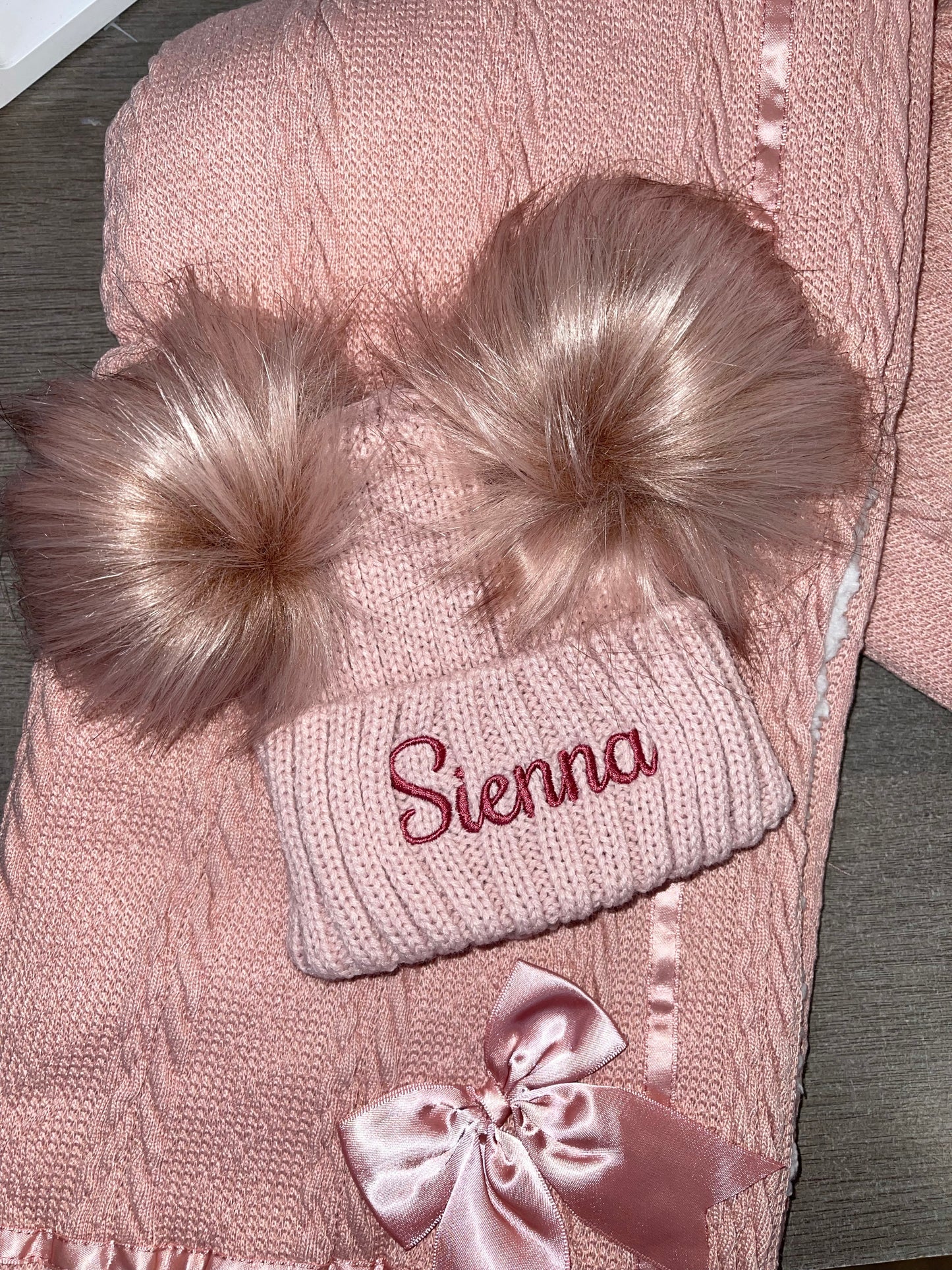 Personalised Luxury Rose gold double pom pom hat