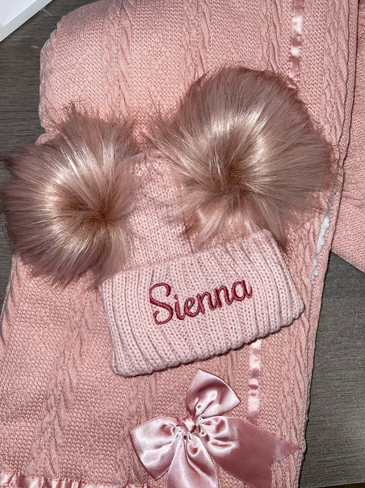Personalised Luxury Rose gold double pom pom hat