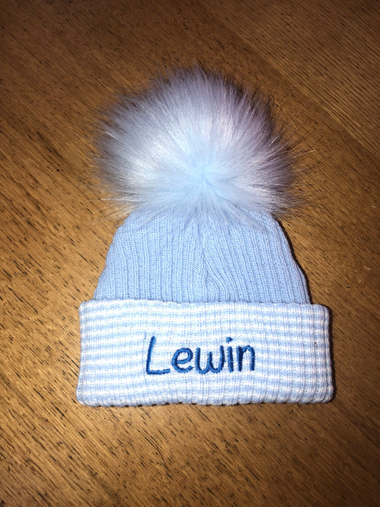 Blue stripe Newborn Pom Pom hat