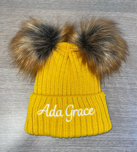 Personalised Luxury double pom pom hat - Mustard