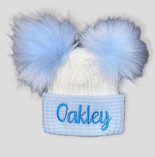 Personalised Blue & White Pom Pom Hat