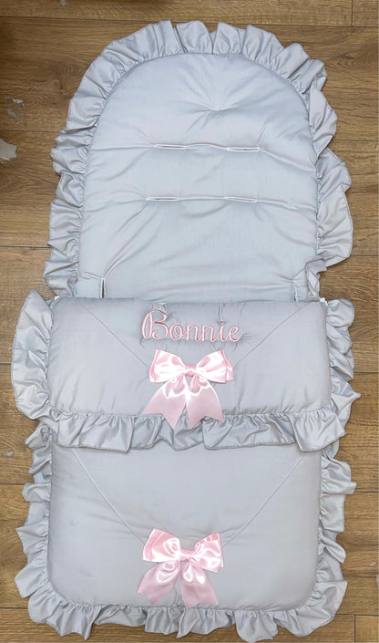 Personalised Two Bow Grey & pink Cosytoes / foot muff