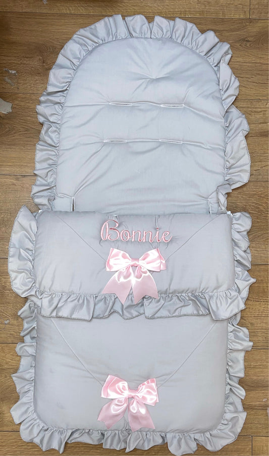 Personalised Two Bow Grey & pink Cosytoes / foot muff