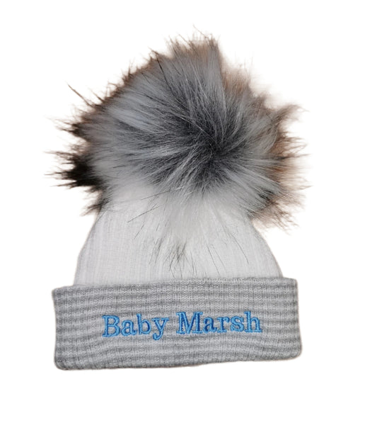 Personalised Grey stripe Newborn Pom Pom hats