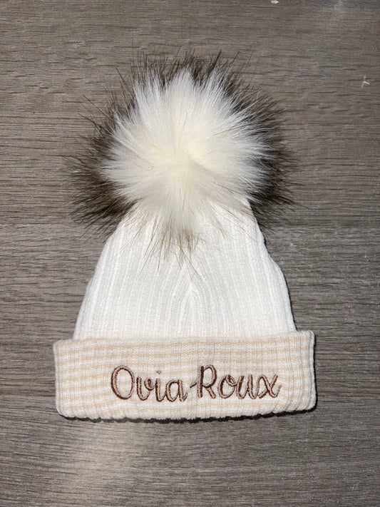 Personalised White & beige stripe Newborn Pom Pom hat