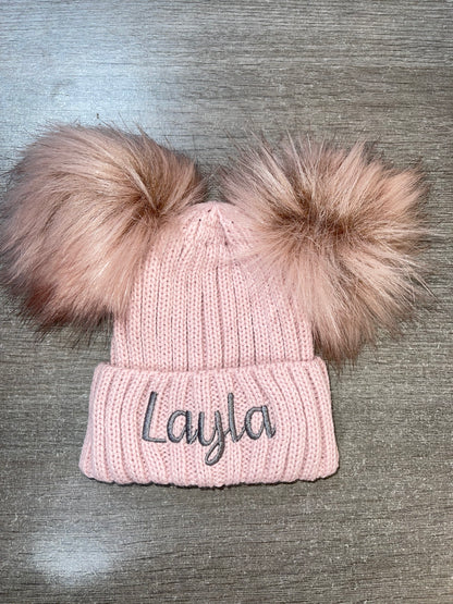 Personalised Luxury Rose gold double pom pom hat