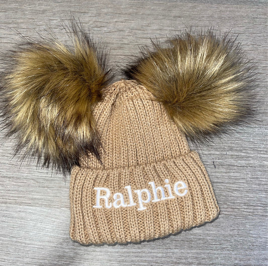 Personalised Luxury double pom pom hat - Camel