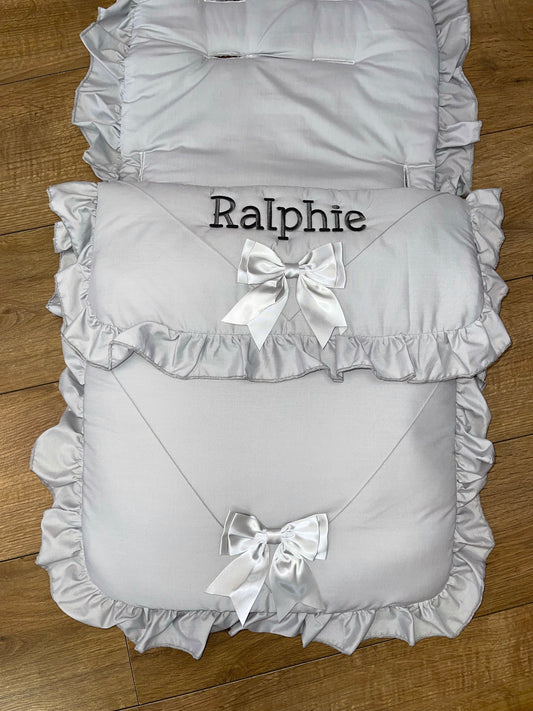 Personalised Two Bow Grey Cosytoes / foot muff