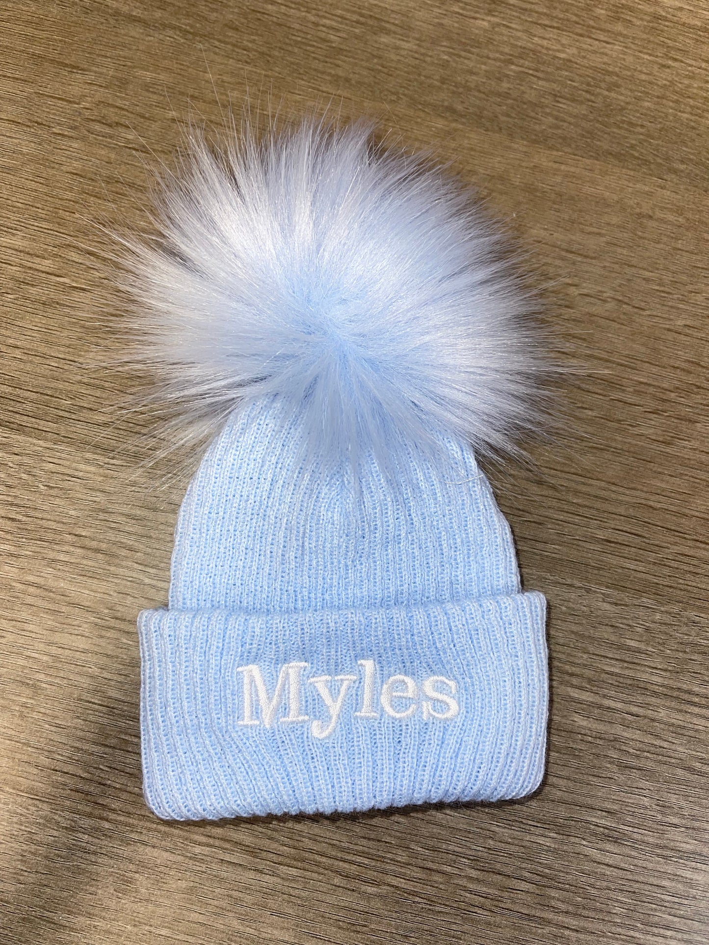 Personalised blue pom pom hat