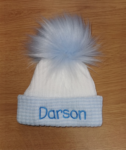 White & blue stripe Newborn Pom Pom hats