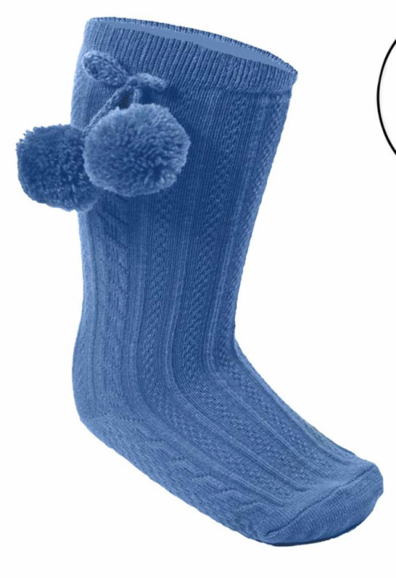 Petrol Blue Knee High Pom Pom Socks