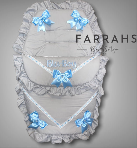 Personalised Grey & blue Five Bow Cosy toes