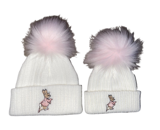 Girls Knitted white & pink Rabbit pom pom hat