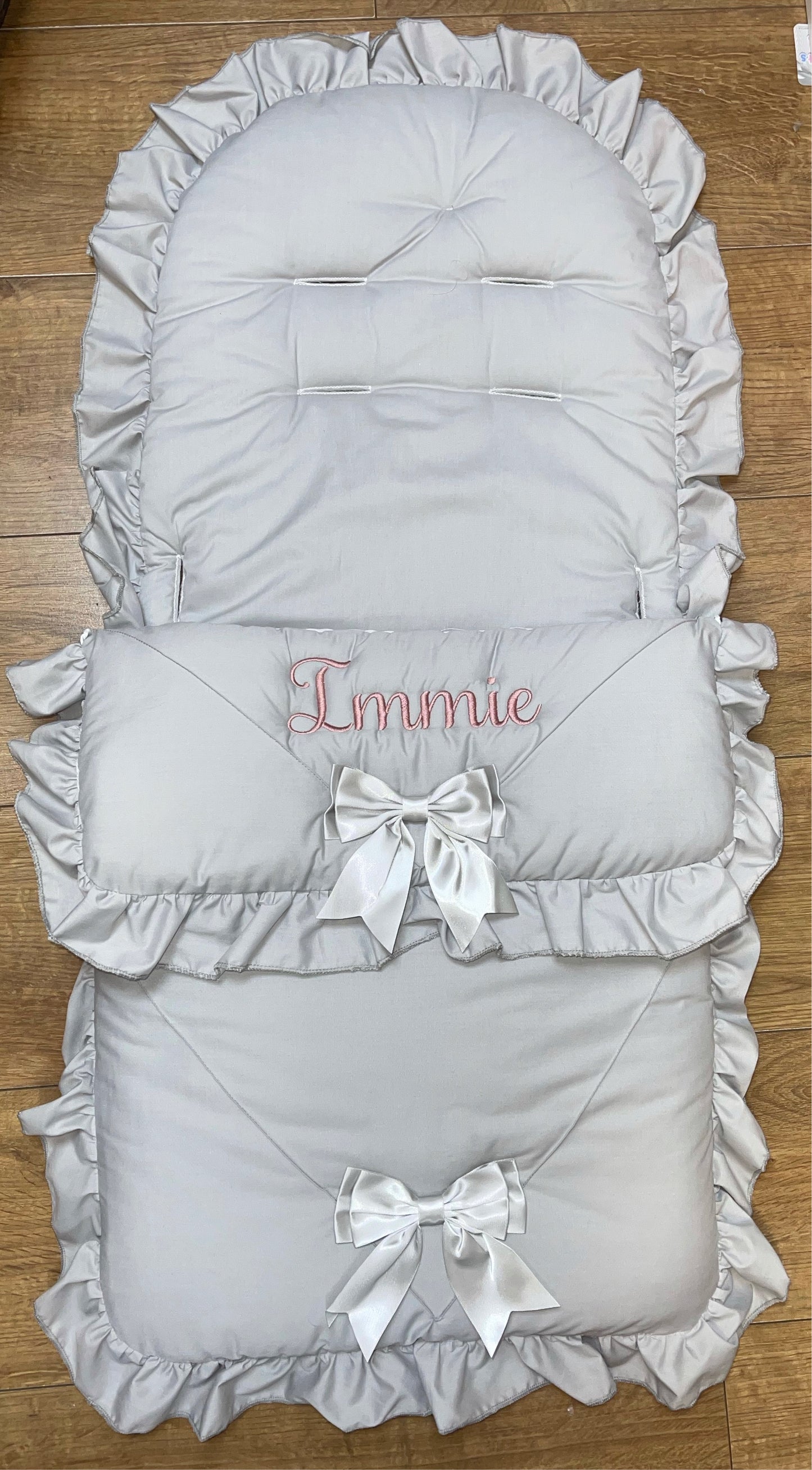 Personalised Two Bow Grey & pink Cosytoes / foot muff