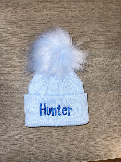 Personalised blue pom pom hat