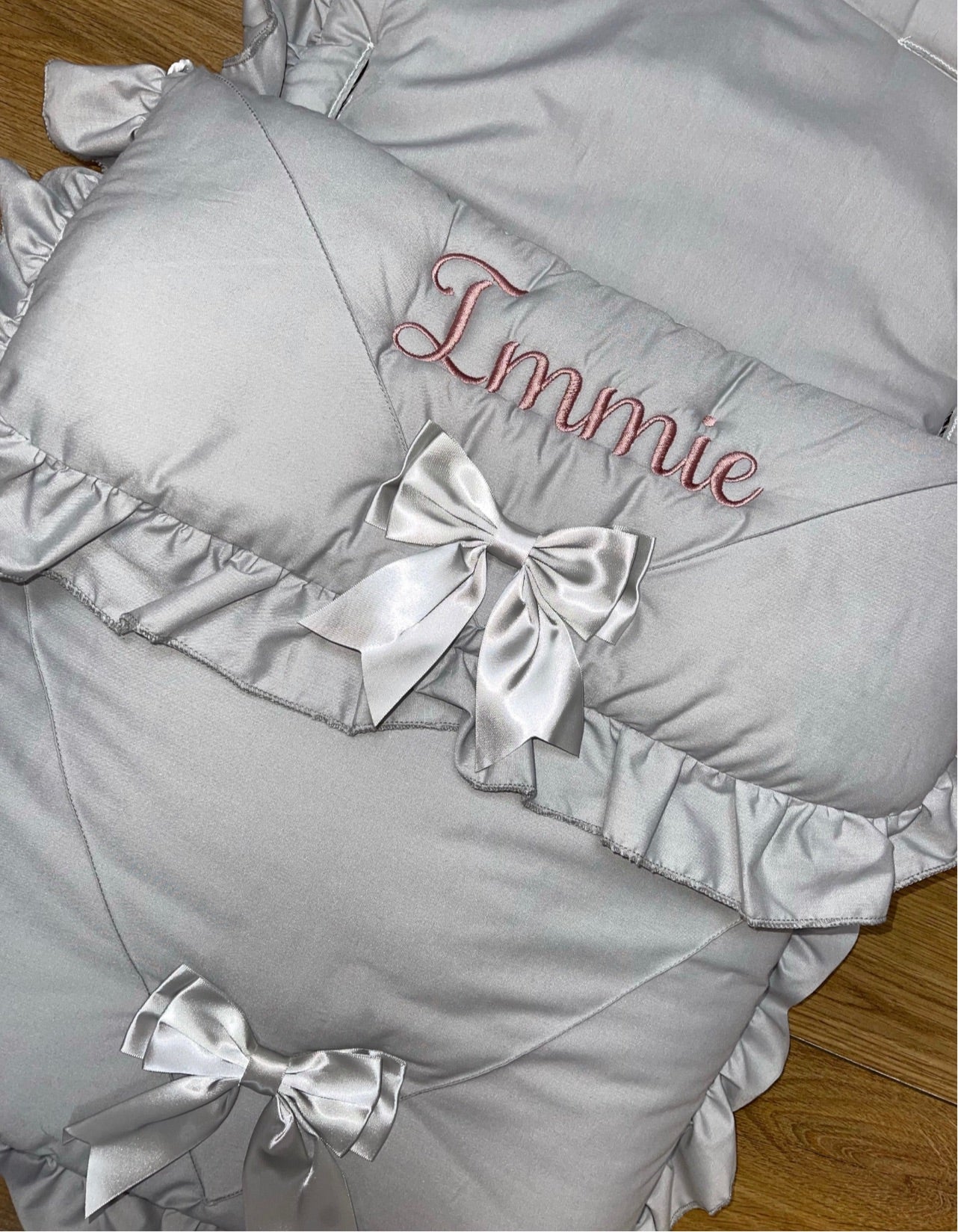 Personalised Two Bow Grey Cosytoes / foot muff