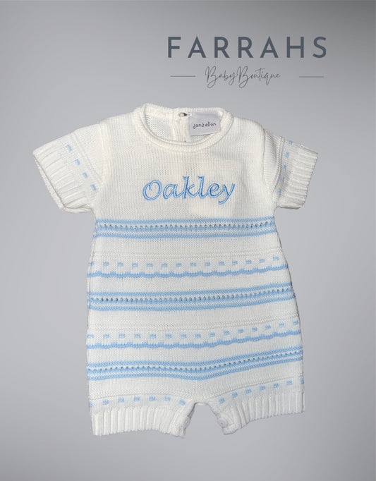 Personalised Dandelion Baby Boys White & Blue Striped Knitted Romper