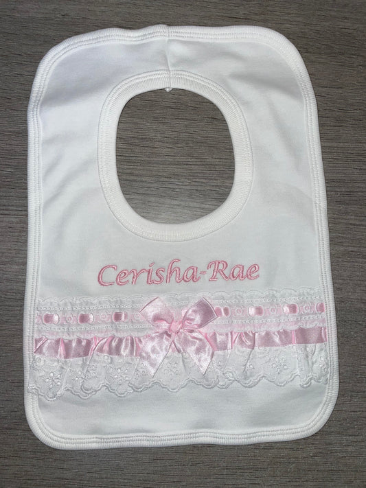 Personalised white & pink Lacey Bib